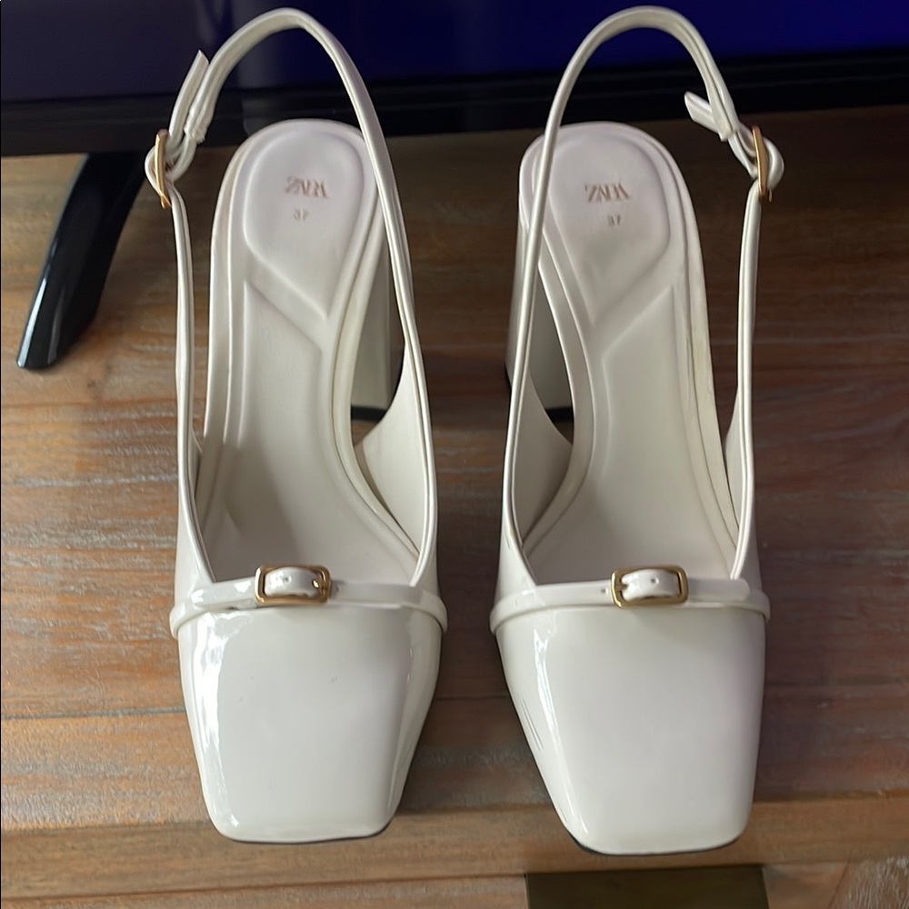 Zara White Slingback Heels with Square Toe